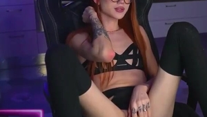 Redhead Skinny Russian Tattooed tgirl In Glasses Strokes Her Girly dick On cam