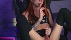 Redhead Skinny Russian Tattooed tgirl In Glasses Strokes Her Girly dick On cam