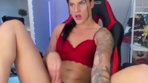 Fit Russian legal age teenager Transgirl With Tattoos Wanks Hard Until that babe shoots large Load On cam