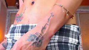 skinny latin chick Transgirl With Tattoos Jerks Off Her enormous weenie