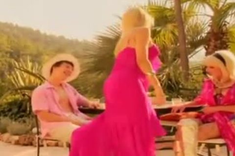 sleazy shetwink In Pink dress bangs With fellow And cutie outdoors
